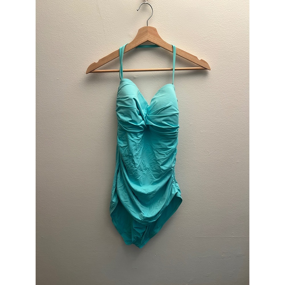 Teal One Piece Swimsuit Ruched Twist Front Halter Y2K Glam Swimwear‎